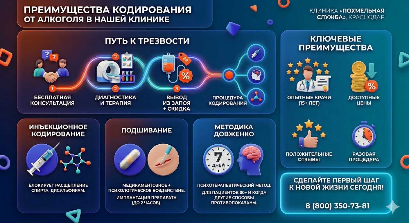 Инфографика о методах кодирования от алкоголя в Усть-Джегуте: инъекции, подшивание, метод Довженко. Преимущества клиники и этапы лечения.