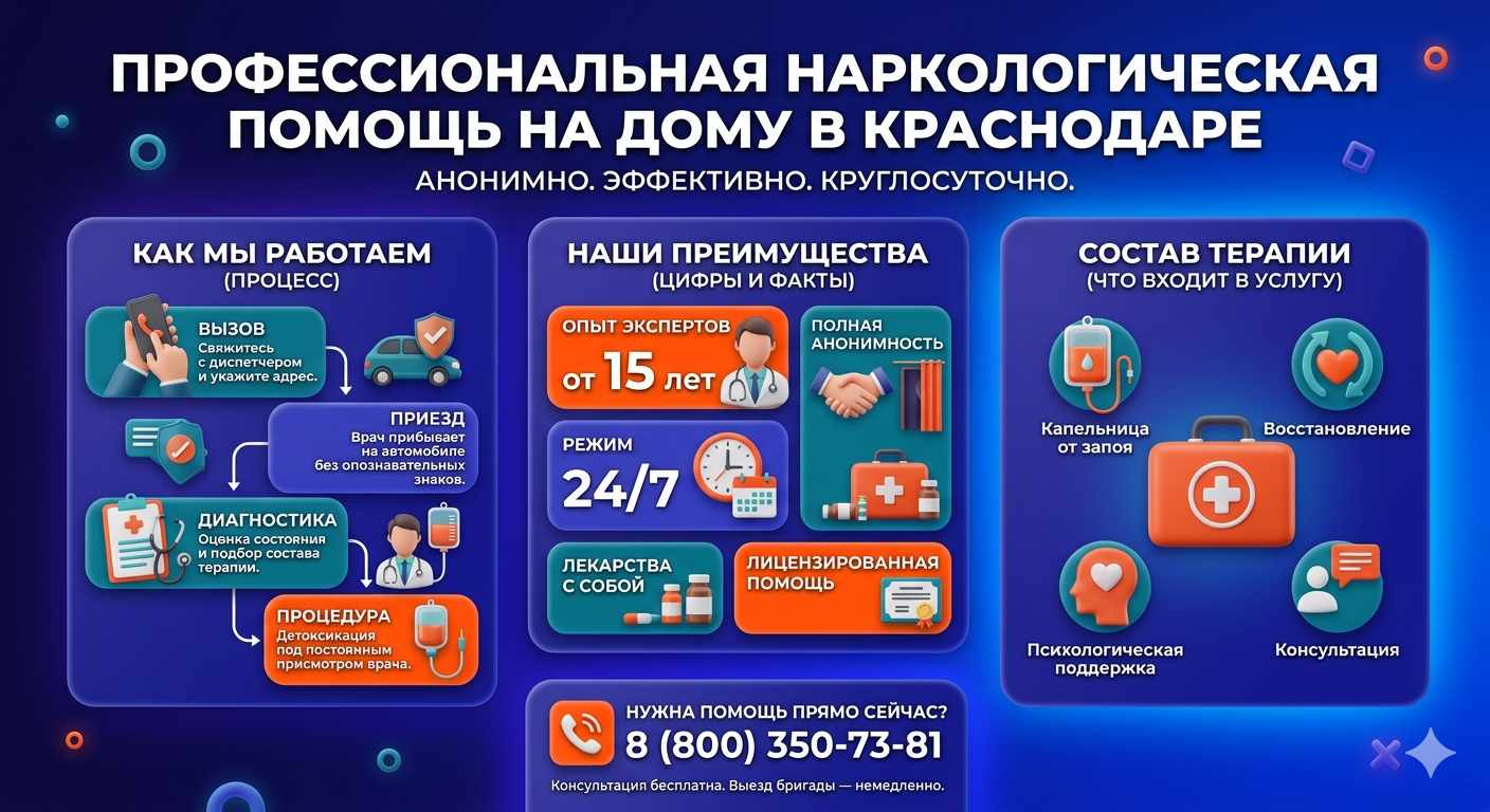 Инфографика о принципах лечения алкоголизма на дому в Усть-Джегуте: этапы вызова нарколога, преимущества анонимной детоксикации и состав медицинской помощи.